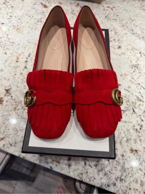 Gucci Red Suede Fringe Loafers with Gold Double G Marmont NEW IN BOX